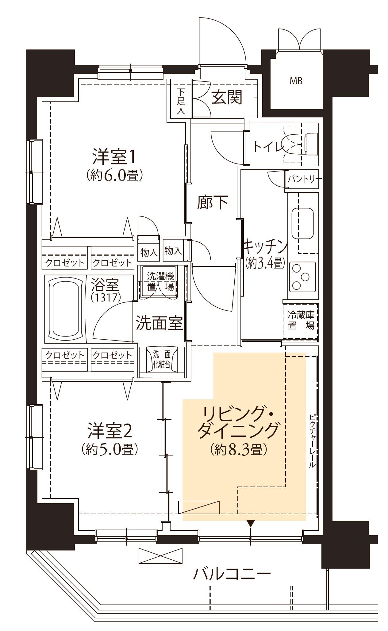 フロール横浜三ツ沢 3番館(2LDK/1階)の間取り写真