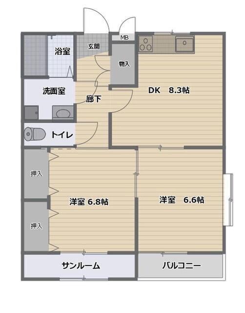 エスポアール(2DK/2階)の間取り写真