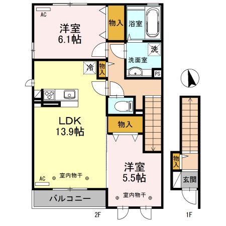 ヴィラ デ フルール(2LDK/2階)の間取り写真