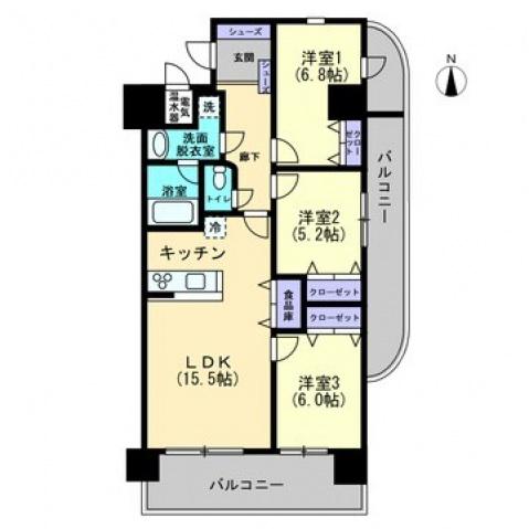 ブライムタワー古川(3LDK/2階)の間取り写真