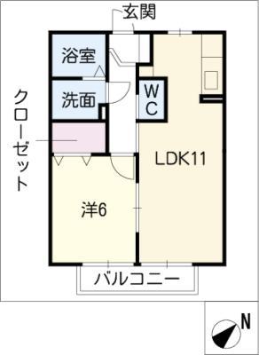 リーベンハイム B棟(1LDK/2階)の間取り写真