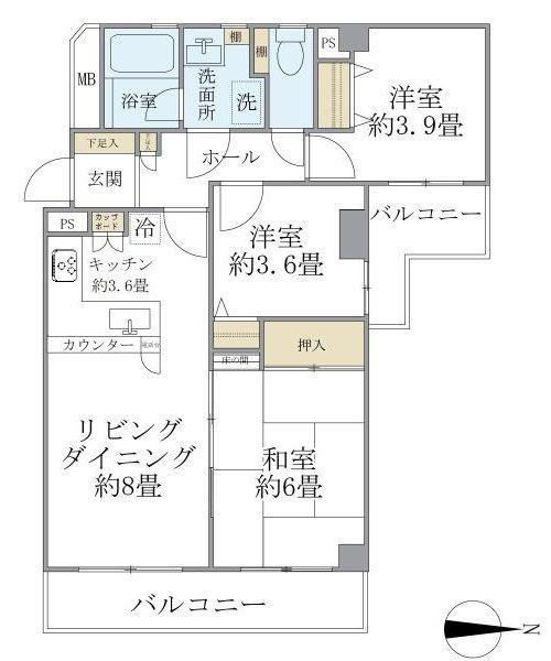 東建ニューハイツ港南中央(3LDK/1階)の間取り写真