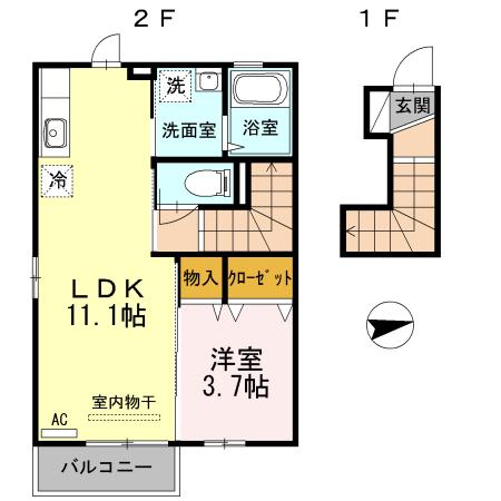 ベルツリー宮ノ上(1LDK/2階)の間取り写真