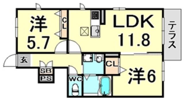 シャテーニュ上坂部(2LDK/1階)の間取り写真