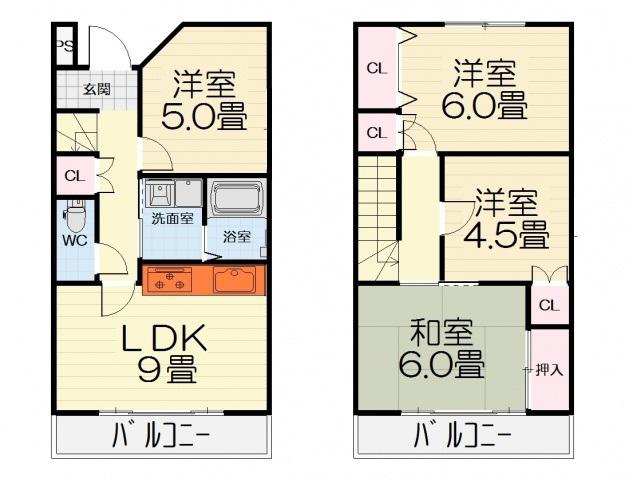 ハイツ上野芝II号館(4LDK/2階)の間取り写真