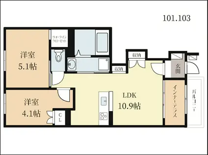 城陽市寺田アパート(2LDK/1階)の間取り写真