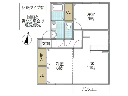 アンオークA棟(2LDK/2階)の間取り写真