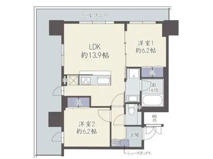 GRAND VILLASSE 福島(2LDK/8階)の間取り写真