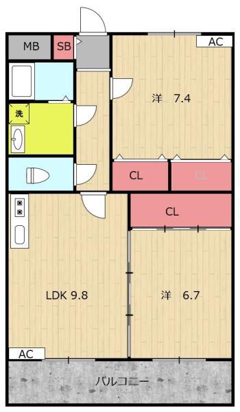 リージングマンション A棟(2LDK/2階)の間取り写真