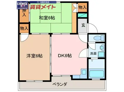 レーベンハイツ中部(2DK/2階)の間取り写真