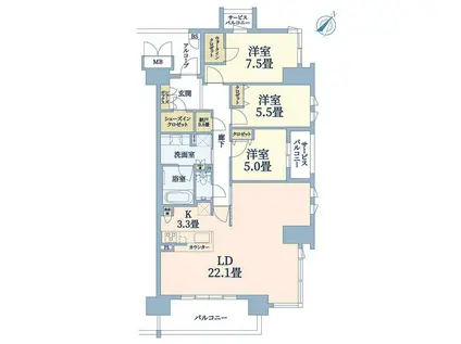 ブランズ北千里(3LDK/8階)の間取り写真