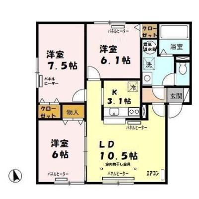 リビングタウン山の手 A棟(3LDK/1階)の間取り写真
