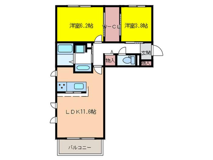 D-ROOM寺塚伍番館(2LDK/2階)の間取り写真