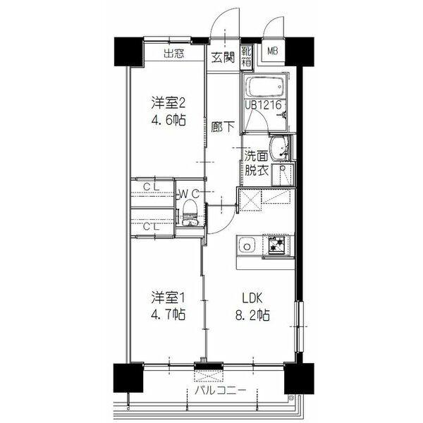 ヒルクレスト 寺塚(2DK/9階)の間取り写真