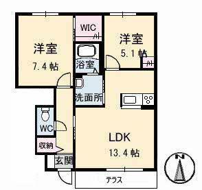 トリニティコートC棟(2LDK/1階)の間取り写真