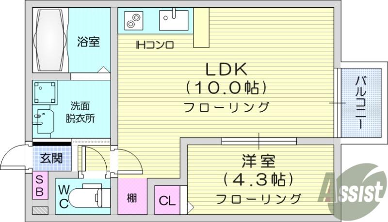 アスコット八木山弥生町(1LDK/1階)の間取り写真