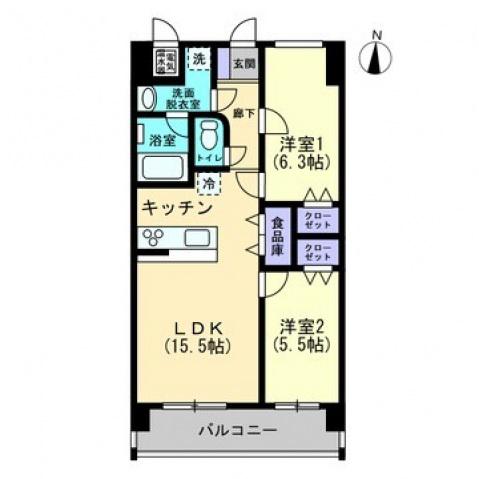 ブライムタワー古川(2LDK/9階)の間取り写真