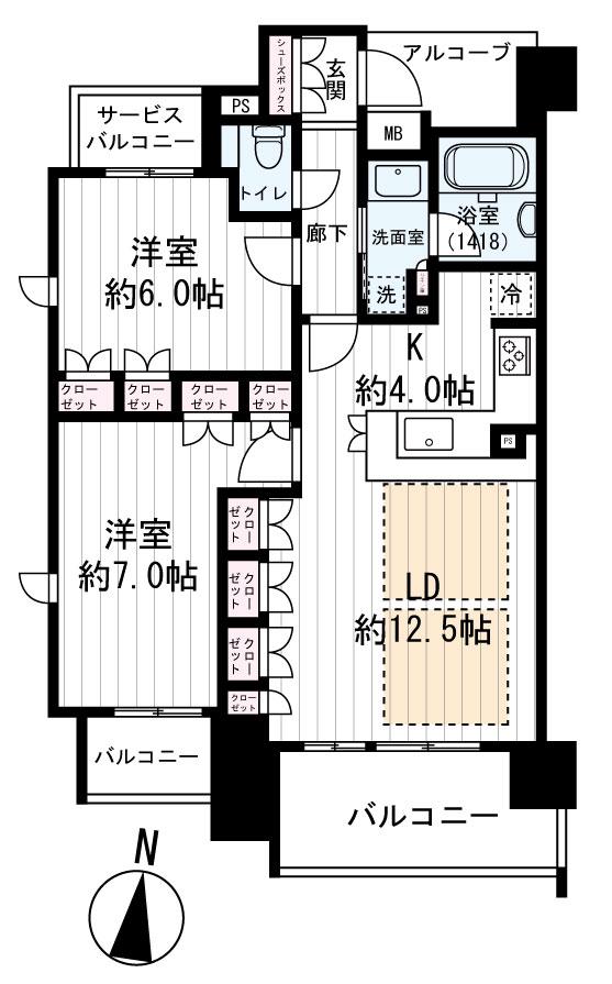 ファインフラッツ北浜(2LDK/7階)の間取り写真