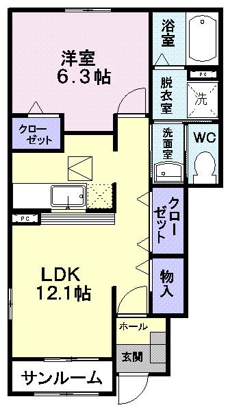 スリーアロー A(1LDK/1階)の間取り写真