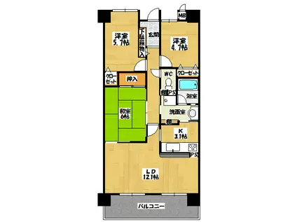 バンベールつつじが丘(3LDK/5階)の間取り写真