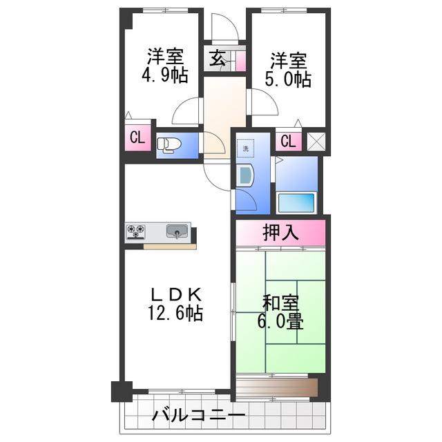 ＪＲ阪和線 紀伊駅 徒歩47分 10階建 築35年(3LDK/5階)の間取り写真