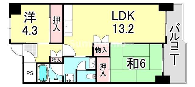 UR武庫川 9号棟(2LDK/6階)の間取り写真