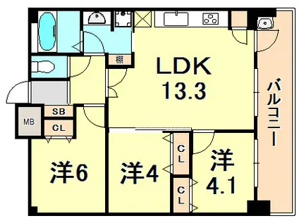 プレジール三ノ宮2(3LDK/11階)の間取り写真