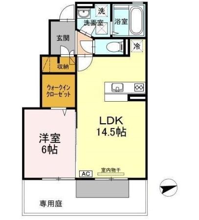 フェリス河内B棟(1LDK/1階)の間取り写真