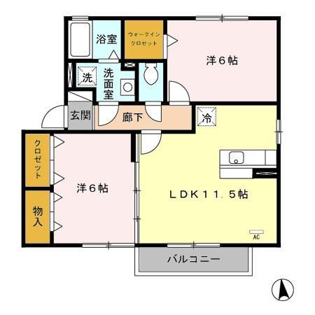 エテルノストラーダ塔原西D棟(2LDK/2階)の間取り写真