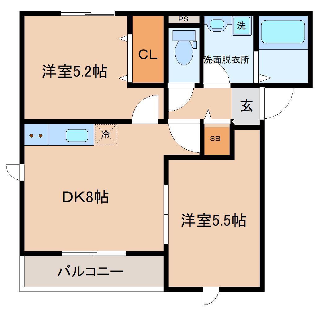 エテルナ長命ケ丘東(2DK/2階)の間取り写真