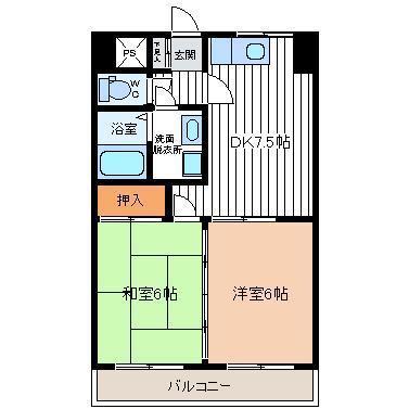 ホワイトヒルズ菜根(2DK/6階)の間取り写真
