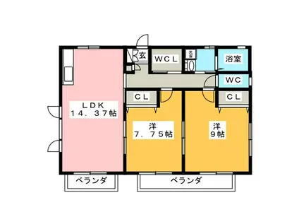 カーサ亮(2LDK/2階)の間取り写真