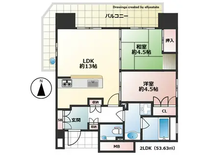 ブランズ塚口町一丁目(2LDK/13階)の間取り写真