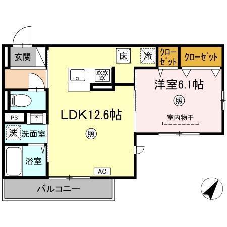 シャローム城原(1LDK/1階)の間取り写真