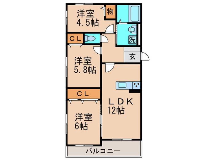 アンレーヴひびきの(3LDK/1階)の間取り写真
