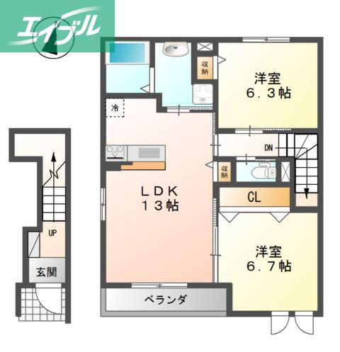 ディアコート(2LDK/2階)の間取り写真
