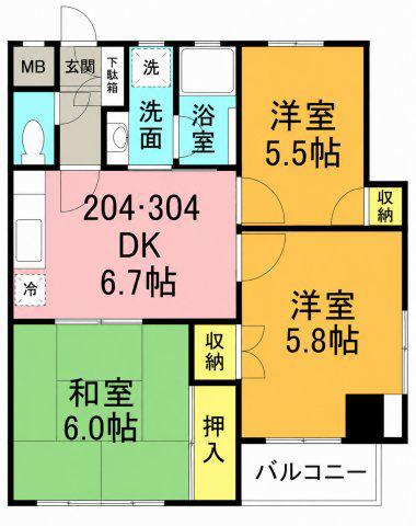 コンチェルト六町(3DK/2階)の間取り写真
