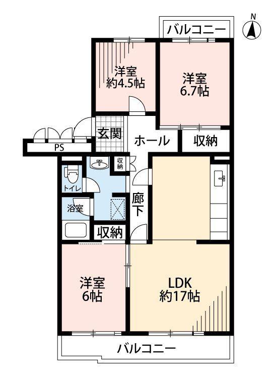 つつじ野団地 4-17号棟(3LDK/2階)の間取り写真