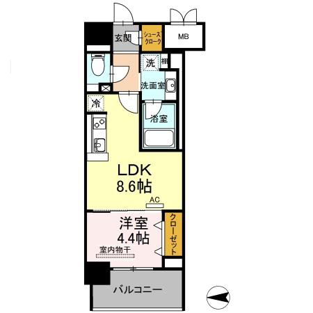 Dプレイス 九品寺(1LDK/9階)の間取り写真