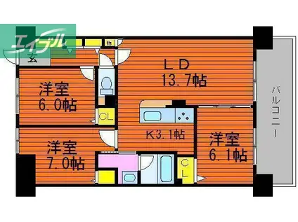 フィール野田公園(3LDK/13階)の間取り写真