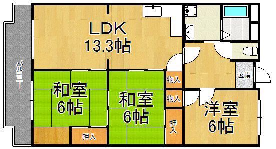 夙川ライムヴィラ(3LDK/4階)の間取り写真