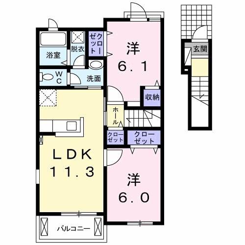 マーヴェラスB棟(2LDK/2階)の間取り写真