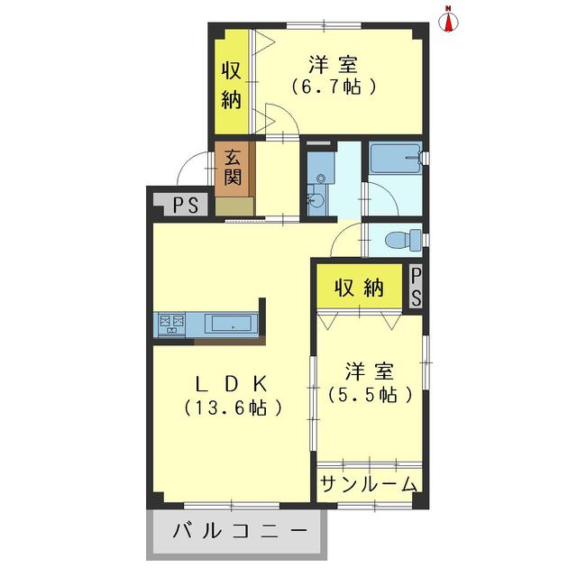 さくらハイツ1号棟(2LDK/2階)の間取り写真