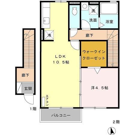 ローズコート・カノン II A/B(1LDK/2階)の間取り写真