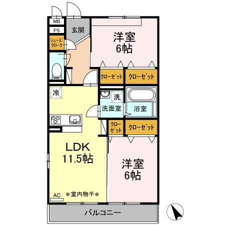 グレイスコート湘南(2LDK/2階)の間取り写真