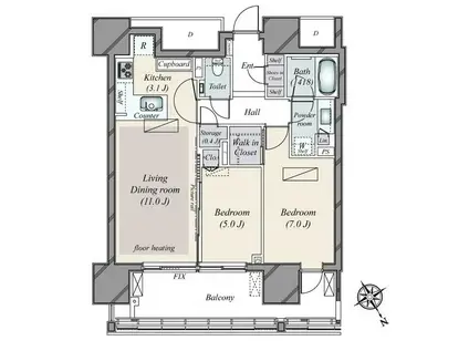 グランドヒルズ恵比寿(2LDK/5階)の間取り写真