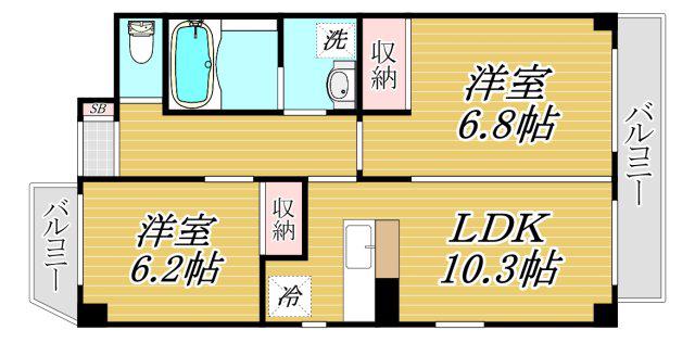 レジデンス毛利ウエスト(2LDK/2階)の間取り写真