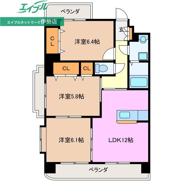近鉄山田線 宮町駅 徒歩37分 6階建 築21年(3LDK/4階)の間取り写真
