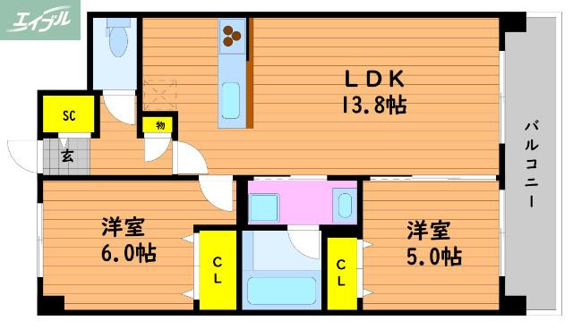 SUNCREST西崎(2LDK/4階)の間取り写真