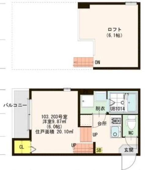 ハーモニーテラス下方町(1K/2階)の間取り写真